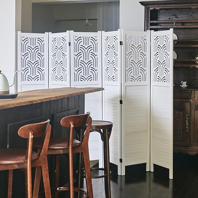 Folding Room Divider, 66.9 Inch 6 Panels Wood Carved Privacy Screens, Free Assembled Freestanding Portable Separation Wall for Home Office Restaurant Bedroom (White)