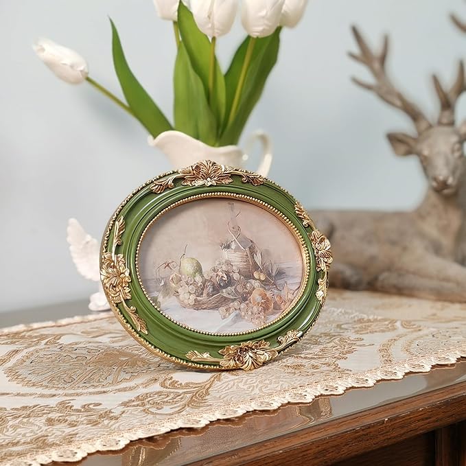 Vintage Picture Frames 5x7 Ornate Green and Gold Antique Pictue Frames with Real Glass Cover for Wall & Tabletop Display Victorian Home Decor Gallery Wall Decor,Oval