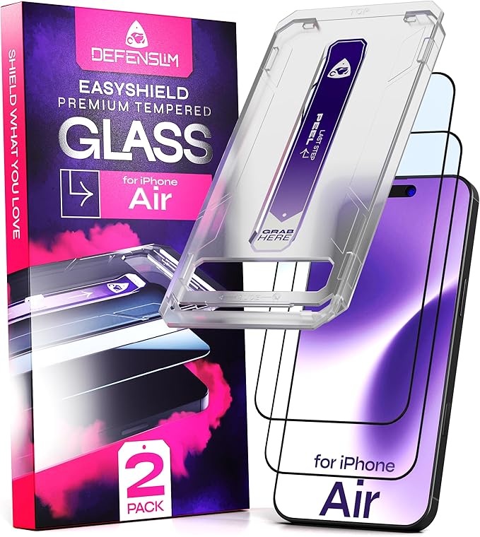 Defenslim for iPhone AIR Screen Protector (2Pack), Easy Auto-Align Install Kit, 6.5" Tempered Glass, 9H Hardness, Ultra HD Clear, Case Friendly, EasyShield