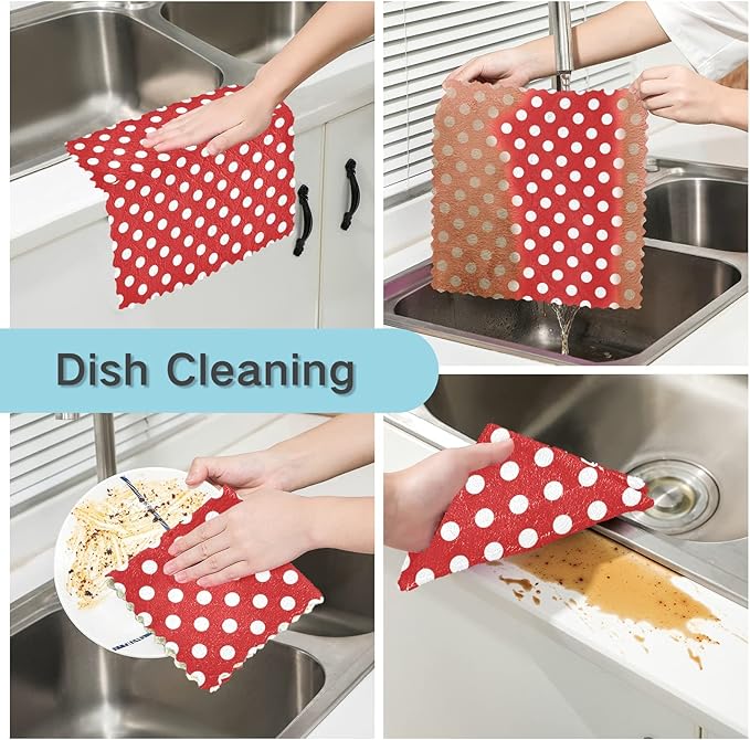 CaTaKu Red Polka Dots Microfiber Reusable Cleaning Cloths Kitchen Dish Cloths Dish Rags for Washing Dishes, Polka Dots Dish Towels Washcloths for Kitchen Drying, 6 Pack