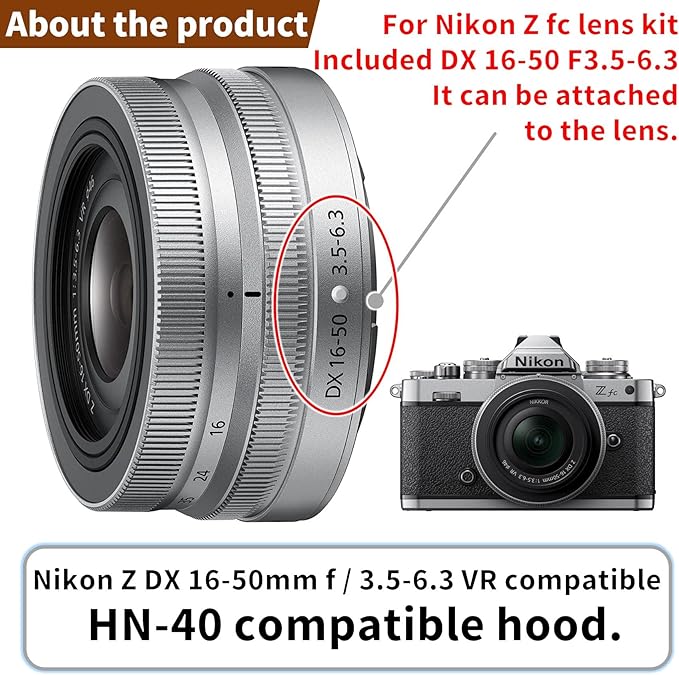 F-Foto Silver Color Metal Lens Hood HN-40SU for Nikon NIKKOR Z DX 16-50mm F3.5-6.3 VR on Z30 Z fc ZFC Z50, Replace Nikon HN-40 Lens Hood, Compatible w 46mm Filter and 46mm Cap, HN-40SU