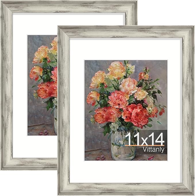 Vittanly 11x14 Picture Frames Set of 2, Ornate Vintage Photo Frame for Wall or Tabletop, Display 8x10 Pictures with Mat or 11x14 without Mat, Distressed White