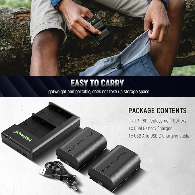NEEWER Replacement Battery and Charger Set for LP-E6P/LP-E6NH/LP-E6N, 2 Pack 2200mAh Batteries and Dual Channel USB Charger, Compatible with Canon EOS R5II/R5/R6/R7/5DIV/6D/7D/60D/70D/80D/90D