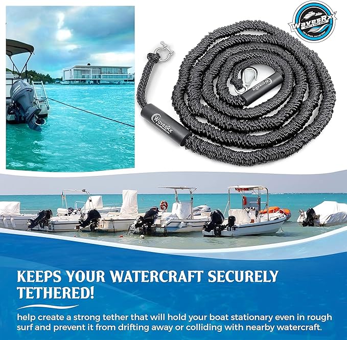 WAVESRX AnchorMate Bungee Line | Boat Bungee Dock Lines for Boats, PWCs & Kayaks | Absorbs Shock from Swells & Wind, Prevents Anchor Dislodging | Perfect for Anchoring, Mooring & Tethering