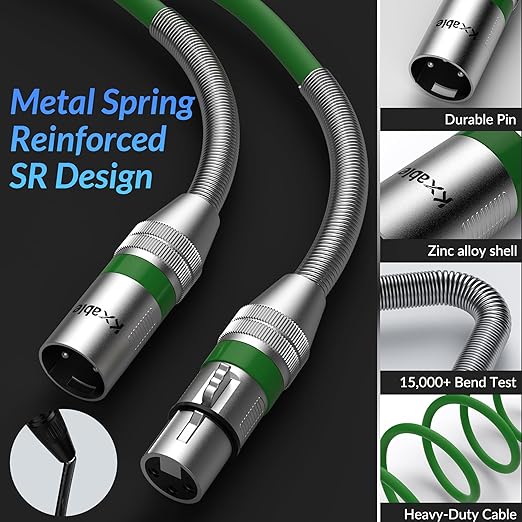 XLR Microphone Cable 75 FT, XLR Male to Female Balanced Mic Cable, 3-Pin Shielded Speaker Cord, Zinc Alloy Connectors, 22AWG Pure Copper, Metal Spring SR, Recording Studio, Podcast, Green