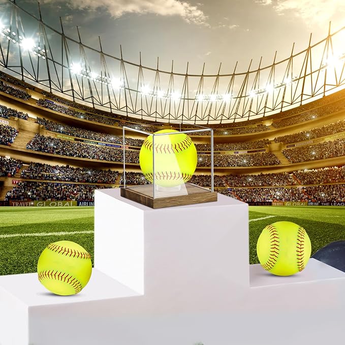 Hooqict Softball Display Case Clear Acrylic Ball Holder UV Protected with Wood Base Stand, Softball Case Display Box Championship Square Box for Golf Tennis Game Ball Baseball