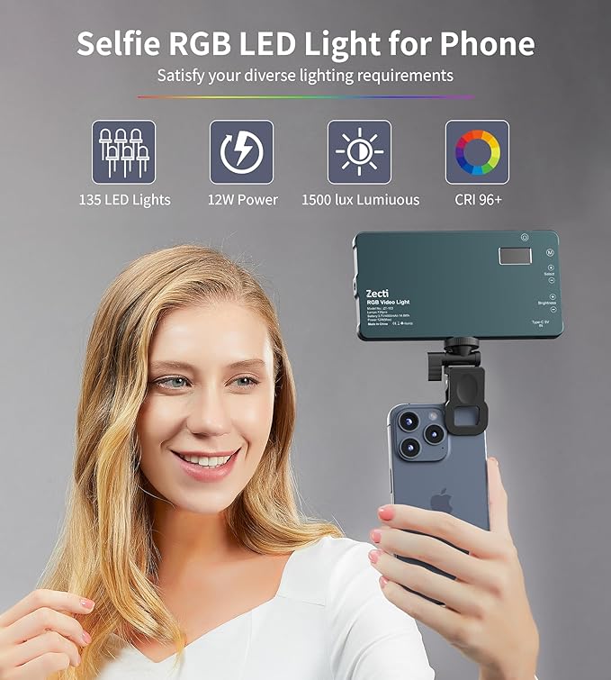 Selfie Camera Phone Light with Metal Hotshoe & Clip, 135 LED CRI 96+ 2500K-9900K 4000mAh RGB Video Light for iPhone, Cameras, Selfie, Video Conference, TikTok Live Streaming, Gifts for Men & Women