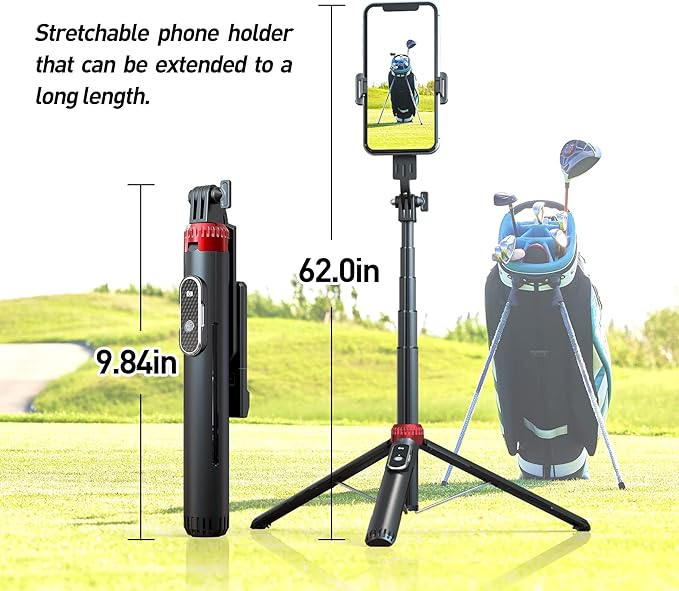 EUG-PRODUCTS 62" Phone Tripod & Selfie Stick for Golf Training, Extendable Cell Phone Tripod Stand with Wireless Remote and Phone Holder, Golf Training Aid - Compatible with iPhone Android iPhone