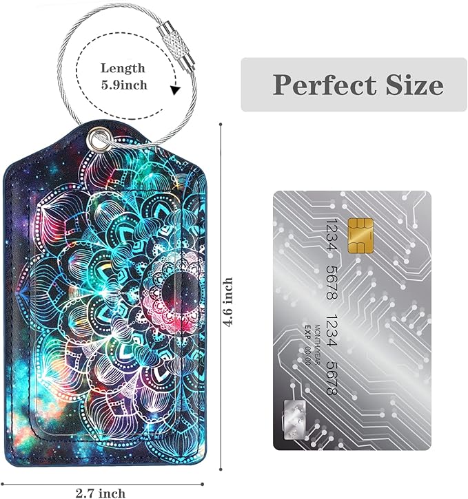 (Set of 2) Luggage Tag Leather Privacy Cover ID Label Address Card with Stainless Steel Loop, Travel Bag Tags Suitcase Labels, Mandala
