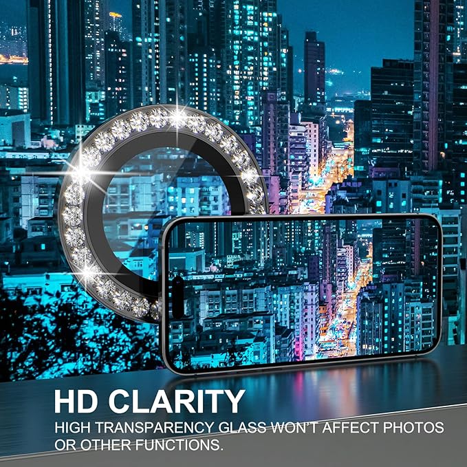 Choiche Compatible for iPhone 14 Pro/iPhone 14 Pro Max Camera Lens Protector Bling, 9H Tempered Glass Camera Cover Screen Protector Metal Ring Decoration Accessories (Diamond-Black)