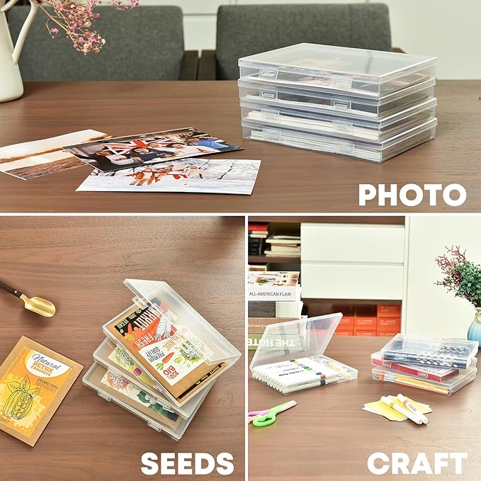 ALINK Photo Storage Box 5" x 7" with Handle, 18 pcs Inner Photo Container Organizer and Craft Keeper, Portable Picture Case with Label for Arts, Crafts, Sewing, Stickers, Office - Clear