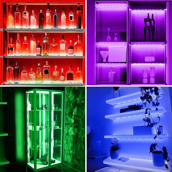 JUSJUBR RGB Shelf Lights, 4 PCS 12 Inch LED Light Bars for Night Ambient Lighting, Multiple Colors and Lighting Modes, App & Remote Control, Mood Lighting for Shelves, Cabinets, Display Cases, Desks