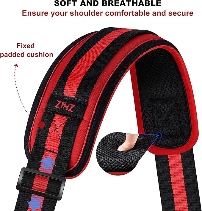 ZINZ 74" Shoulder Strap with Fixed Pad and Dual Balanced Buckles，Black-Red-Black Stripe