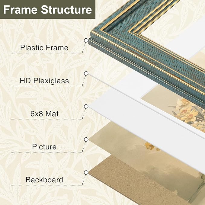 Vittanly 8.5x11 Picture Frame Set of 4, Vintage Photo Frame for Wall Mount, Display 6x8 Pictures with Mat or 8.5x11 without Mat, Rustic Farmhouse Home Decor, Blue