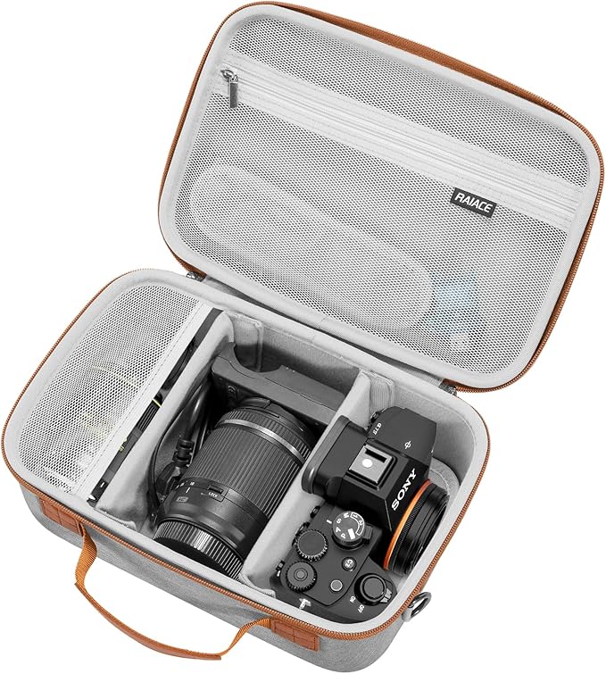 RAIACE Hard Case Compatible with Sony Alpha 7 II III IV/7R V Camera, for Nikon, for Canon, for Pentax and More. Large Capacity With Mesh Pocket for Lens, Charger, Cables, Cards and Accessories.-Gray