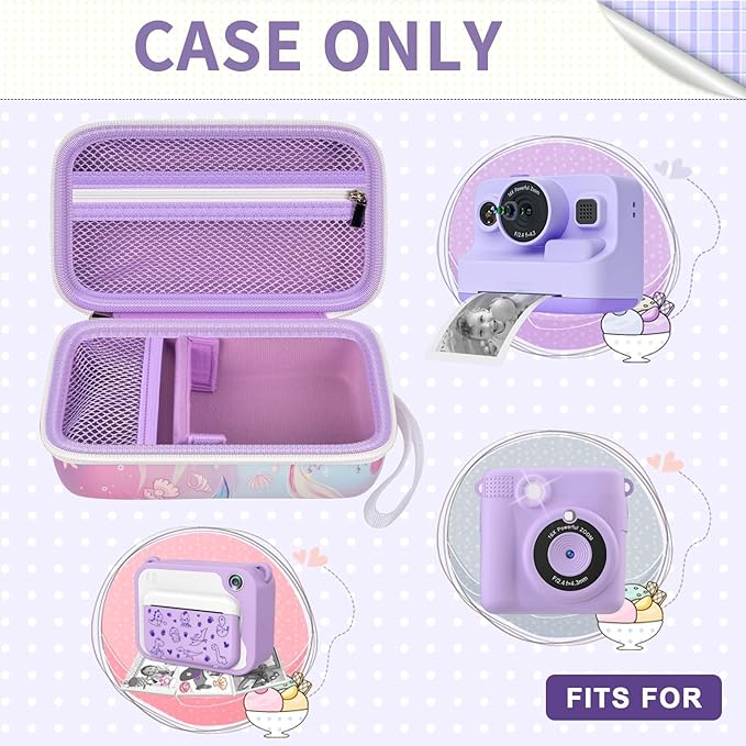 Case Compatible with DYLANTO for ESOXOFFORE for ETIKEZ for YTETCN for DUDUDRAGON Instant Print Camera, Kids Camera Storage for Accessories (Box Only) (Case and 3 Paper Rolls, Purple-fish)