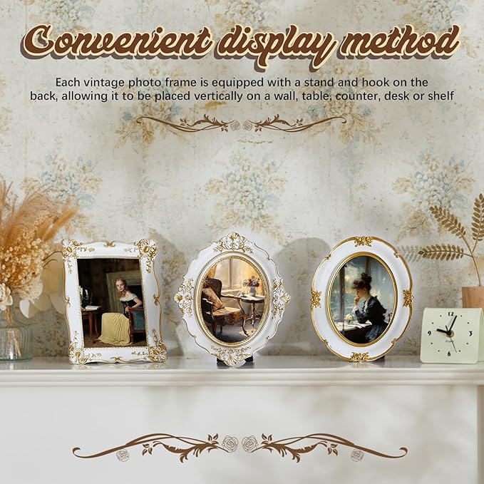 3 Pcs White Vintage Picture Frame Set Antique Oval Picture Frames 4x6, 5x7 Inch Baroque Photo Ornate Frames with Glass Gift for Tabletop Hanging Wall Art Wedding Home(French Style)
