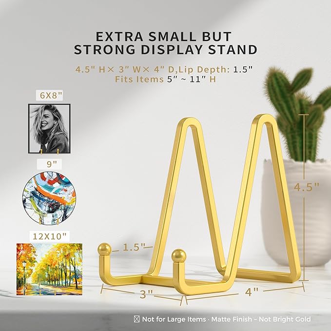 Metal Square Wire Plate Stands for Display - 4.5 Inch Holder + Picture Frame Stand Easel for Book, Decorative Plate, Plaque, Photo, Platter (Gold 2 Pack)