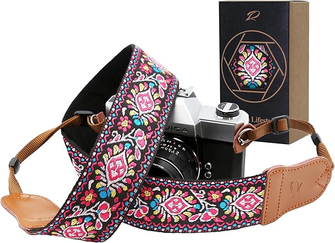 Padwa Lifestyle Pink Vintage Embroidered Camera Strap - 2" Wide Cowhide Head Camera Straps,Cotton Woven Adjustable Shoulder & Neck Strap for All DSLR Cameras,Great Gift for Men&Women Photographers