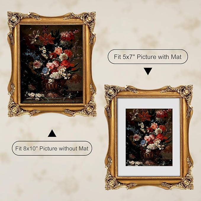 8x10 Gold Vintage Picture Frame, Ornate Baroque Gothic Victorian Frames with Mat for 5x7 or 8 x 10 Photos, Tabletop or Wall Display, Antique Home Decor Accent