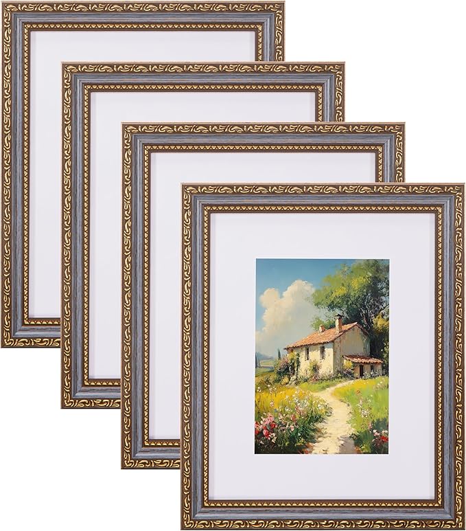 eletecpro 8x10 Picture Frames Set of 4, Vintage Frame with Glass Cover, Rustic 8 x 10 Photo Frames Display 5x7 Photo with Mat or 8x10 without Mat for Tabletop or Wall Decor, Blue Gold