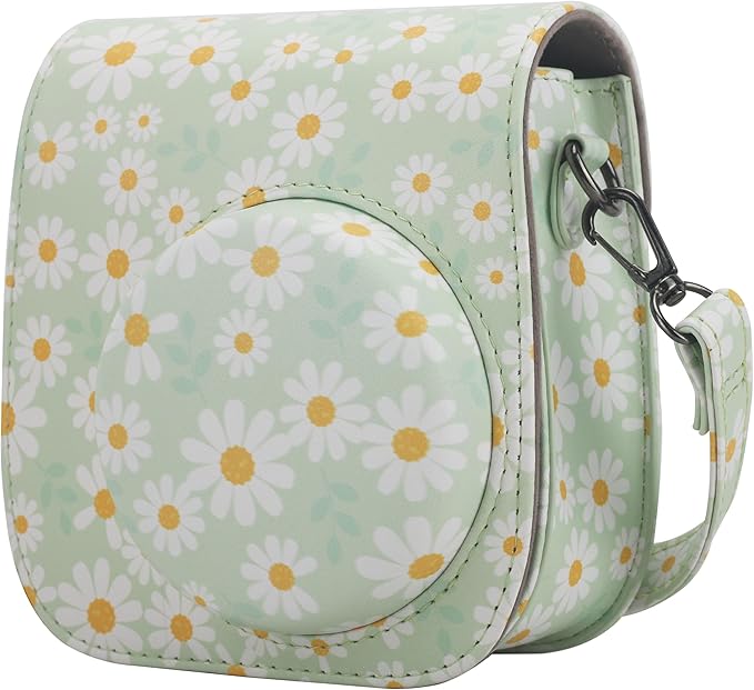 Frankmate Protective Case Fit for Fujifilm Instax Mini 12 11 9 8 Camera, PU Leather Camera Bag with Pocket and Adjustable Shoulder Strap (Green Daisy)