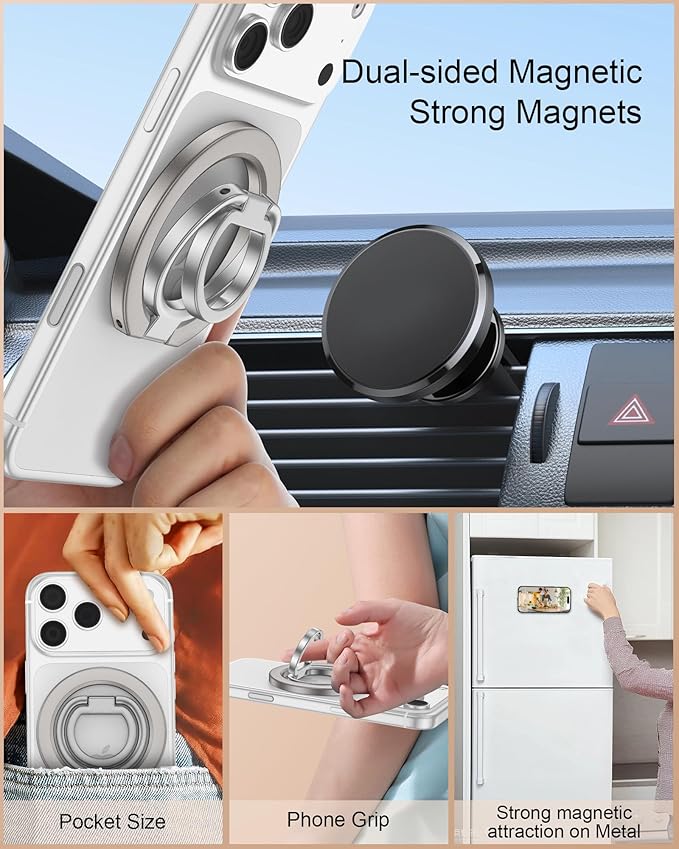 Magnetic Phone Ring Stand Grip for Back of Phone, Google Pixel 10 Pro Snap Magnetic Ring Stand, Dual-Sided MagSafe Finger Loop Handle Grip, iPhone 17 Pro Max Mag Safe Holder for Car Mount, Desk, Gym