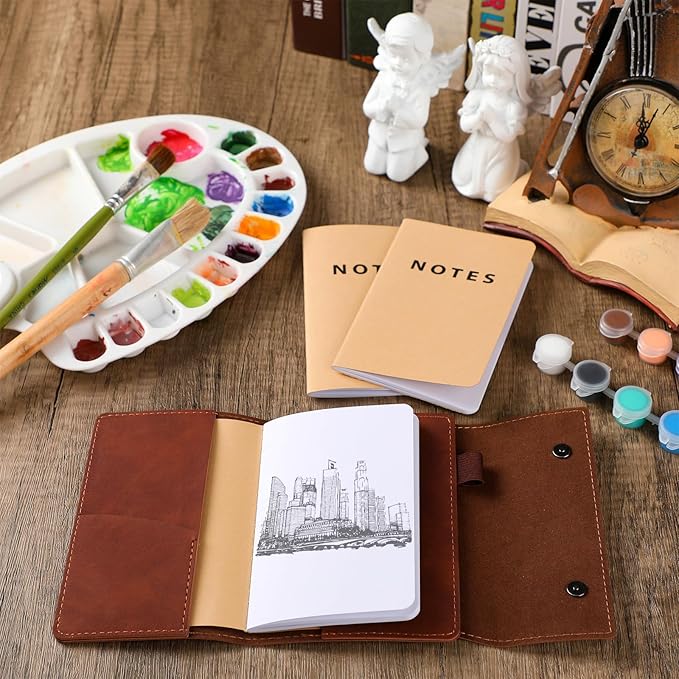 Frienda Field Notebook Leather Cover with 3 Pcs Pocket Notebooks 3.5" x 5.5" Small Journal Note Cover Blank Mini Notepad Holder Memo Sheets for Offices Meetings Daily Records Travel