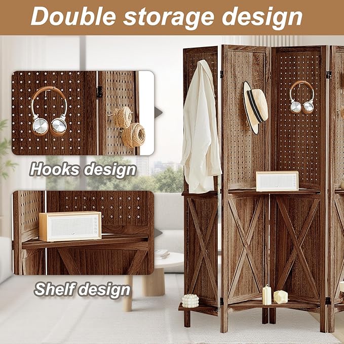 6 Panel Pegboard Display with Shelf, Wooden Pegboard Room Divider Wall with 24 Hooks, Partition Room Dividers and Folding Privacy Screens, Bedroom, Jewelry Store, Brown