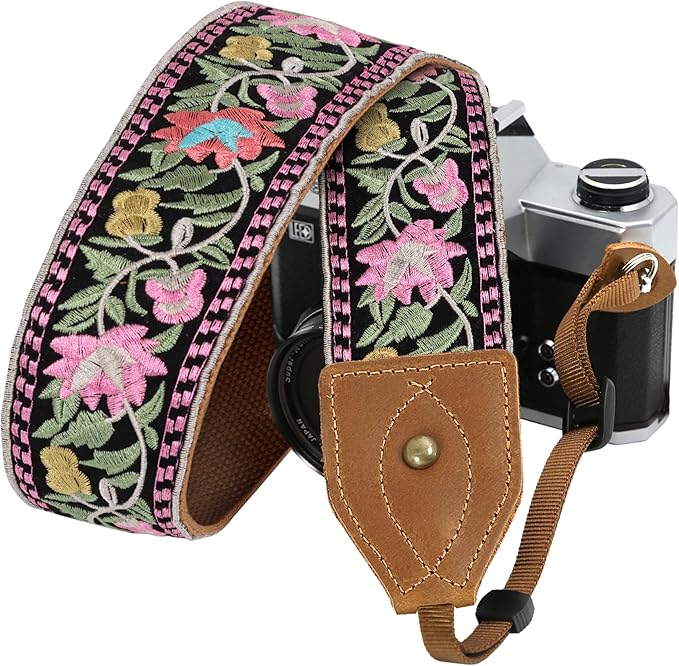 Padwa Lifestyle Embroidered Flower Camera Strap - 2" Wide Classic Vintage Crazy Horse Arts Cowhide Head Camera Straps for Photographers,Universal Neck Shoulder & Crossbody Strap Fit DSLR/SLR Camera