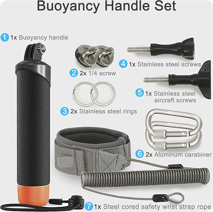 FitStill Waterproof Monopod Floating Hand Grip Snorkeling Selfie Pole Stick +Steel cored Safety Wrist Strap Rope for Go Pro Hero 13/12/11/10/9/8/7/6/5 Max Session DJI Osmo and Other Action Cameras