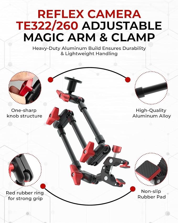 REFLEX CAMERA Metal Articulating 32" Magic Arm with Super Clamp Overhead Camera Mount – 1kg Load Capacity, Boom Arm with 1/4", 3/8" Screws Mounts - Photography, Videography & Streaming - Adjustable