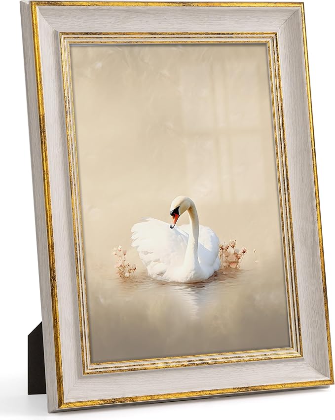 Afuly A4 Picture Frame White Gold Vintage Elegant Retro Antique Distressed Unique Wall Hang Desktop Photo Display Home Decor Anniversaries Birthday Gifts for Women Mom Grandma Parents