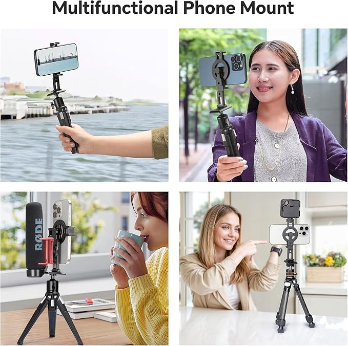 FANAUE Cell Phone Tripod Mount, Magnetic Aluminum Smartphone Stand Adapter with Cold Shoe Arca Swiss QR Base Plate,1/4" & 3/8'' Screw Phone Holder Mount for Video Live Streaming Vlogging