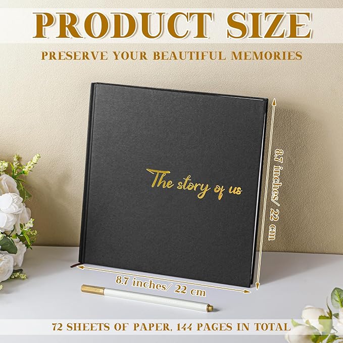 Colarr Hardcover Couples Scrapbook 144 Pages 8.7 x 8.7" Couples Photo Album Scrapbook Journal for 1 Year Wedding Memory Anniversary Photo Book Gift with 2 Markers(Black)