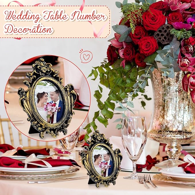 Maitys 30 Pcs Mini Picture Vintage Frames with Stands Tiny Antique Photo Baroque Ornate Resin Oval Frame Table Top Display Home Wedding Decor (Black Gold)