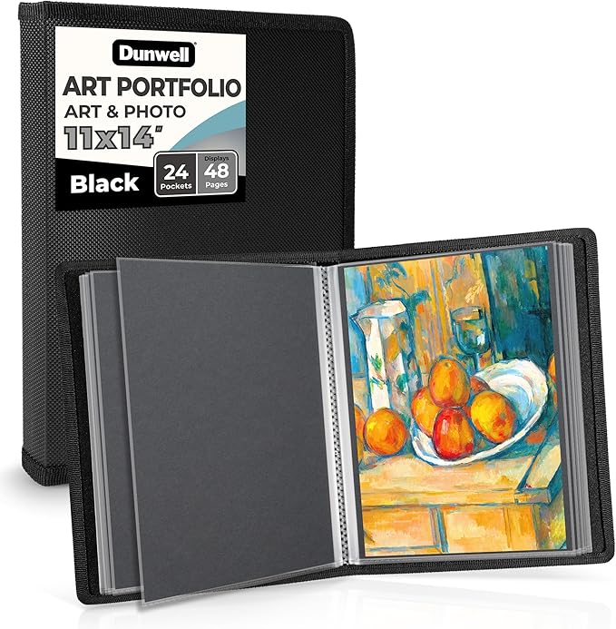Dunwell 11x14 Art Portfolio Binder with Mounting Paper (Black), Large Portfolio Folder for Artwork Storage, 24 Sleeves Displays 48 Pages, 11 x 14 Presentation Book, Acid-Free Poly