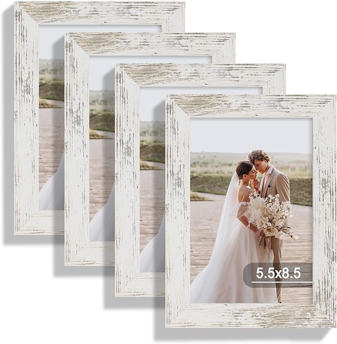 5.5 x 8.5 Diploma Frame Set of 4, Made of Real Glass and Distressed White Frame, 5.5 by 8.5 Photo for Wall or Tabletop
