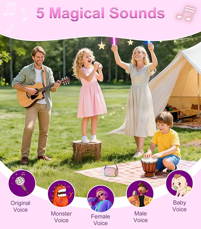 TiMOVO Mini Karaoke Machine, Portable Bluetooth Speaker with 2 Wireless Microphones and LED Lights, Birthday Gifts for Family Home Party, Pink