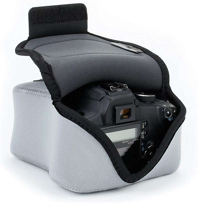 USA Gear Camera Sleeve (Medium) for Compact SLRs Compatible with Canon EOS R100 Nikon Z30 Sony ZV-E10, and more - Padded Neoprene DSLR Case with Zipper Accessory Pocket & Belt Loop (Gray)