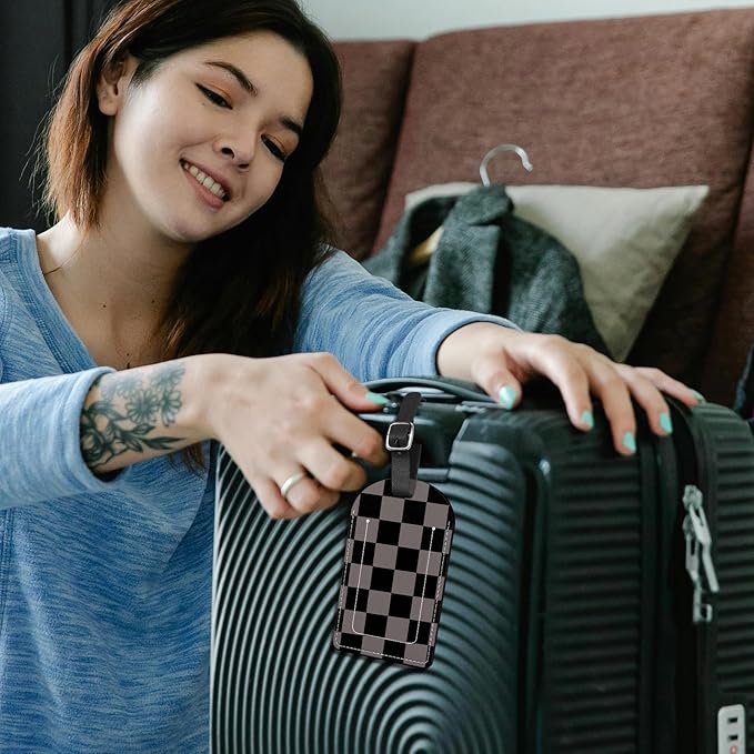 2 Pack Luggage Tag Suitcase Tags PU Leather Identifiers Privacy Cover Luggage Tags Aesthetic Cute Travel Bag Labels for Women Girls Men-Black Gray Checkered
