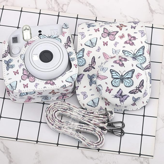 Frankmate Protective Case Compatible with Fujifilm Instax Mini 12 11 9 8 Instant Film Camera with Pocket and Adjustable Strap (Big Small Butterfly)