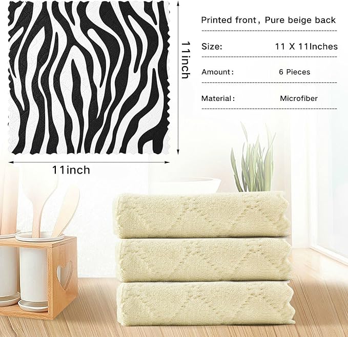 CaTaKu Zebra Print Microfiber Reusable Cleaning Cloths Kitchen Dish Cloths Dish Rags for Washing Dishes, Black and White Dish Towels Washcloths for Kitchen Drying, 6 Pack