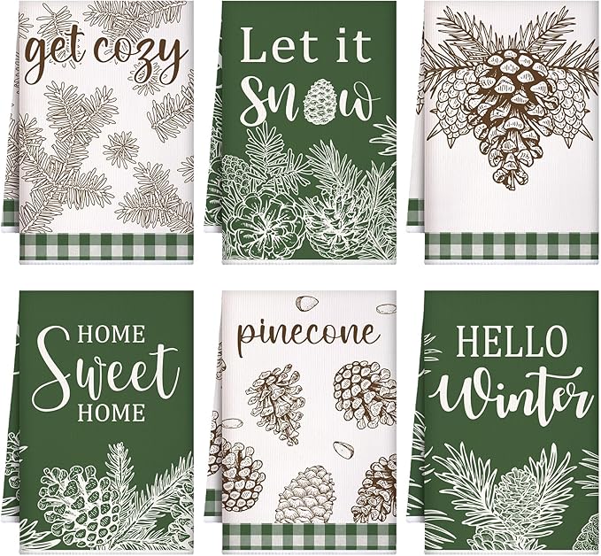 Preboun 6 Pcs Christmas Kitchen Towels Winter Hand Towels Pine Cones Pine Needles Dish Cloth Xmas Decorative Farmhouse Tea Cloth Absorbent for Holiday Kitchen Bathroom Decor