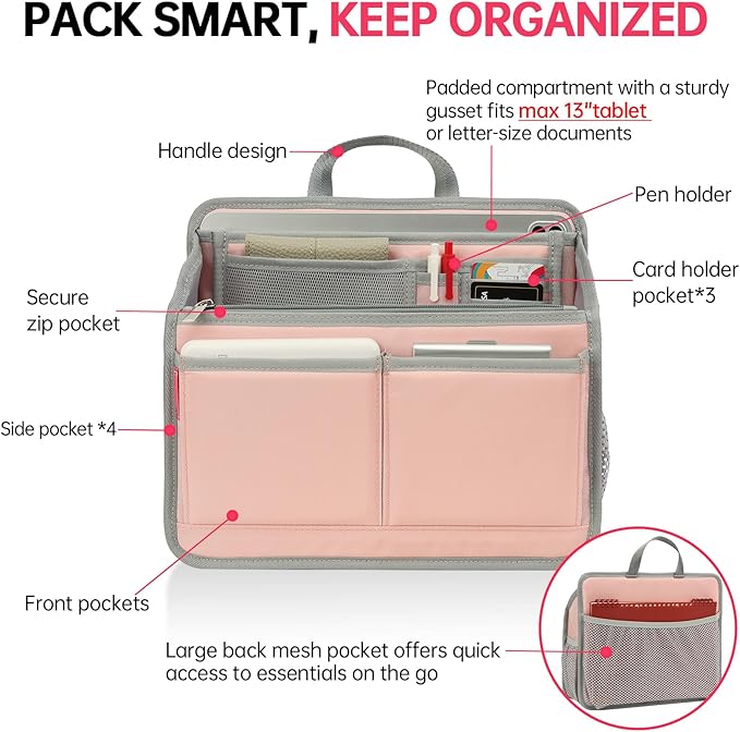Small Rugged Organizer Insert for Briefcase Tote Shoulder Messenger Bag-19 Pockets,Durable Padded Nylon,Handle-Pink
