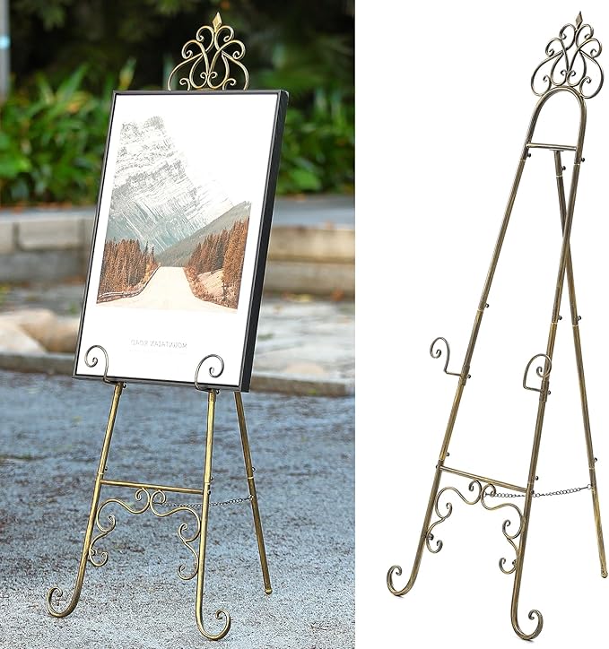 Vintage Metal Free Standing Adjustable Display Stand Easel with Chain Support, Extra Large Scroll Floor Standing Easel for Display Mirror Wedding Welcome Signs Picture Frame