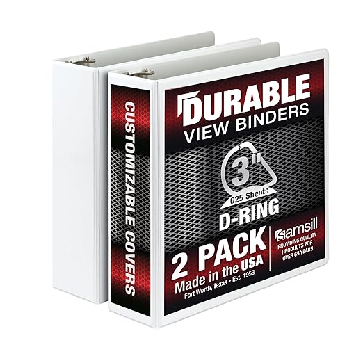 Samsill Durable 3 inch 3 Ring Binder, Made in USA, D Ring Binder, FSC 100% Recycled Chipboard, White, 2 Pack