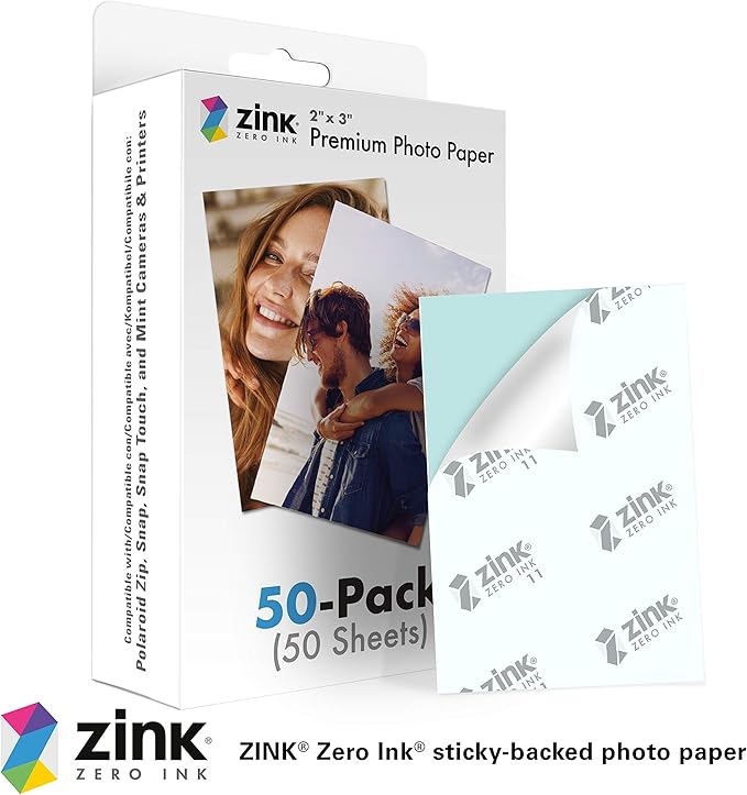 Zink 2"x3" Premium Instant Photo Paper (50 Pack) Compatible with Polaroid Snap, Snap Touch, Zip and Mint Cameras and Printers