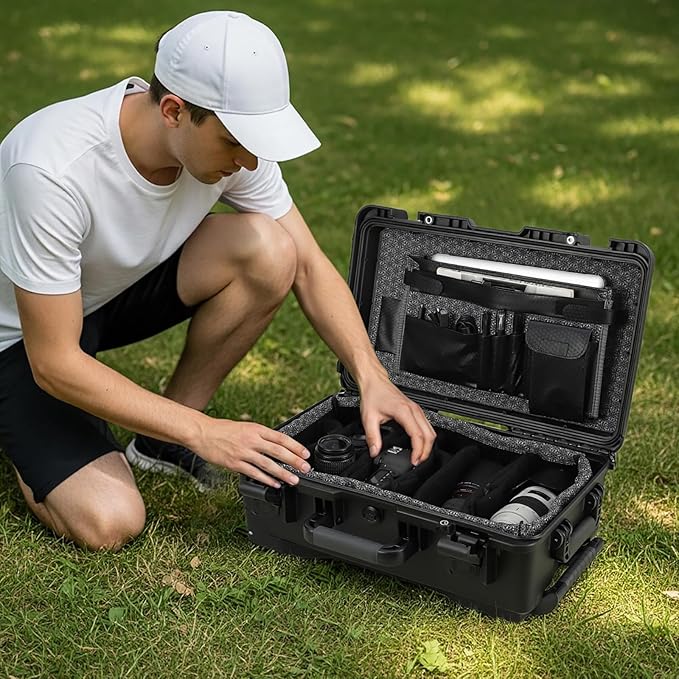 Heavy Duty Waterproof Camera Case for Diving and Outdoor Water Sports – Dustproof, Impact Resistant Dry Box with Padded Dividers, Wheels, 22” x 14” x 9” – Includes Document Bag & Camera Insert