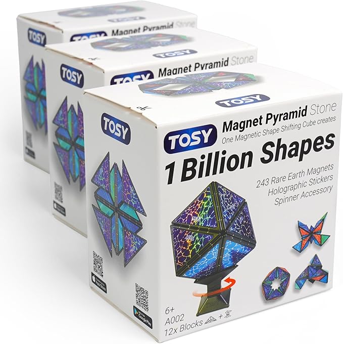 TOSY Magnet Pyramid Stone - 1 Cube Transforms into 1 Billion Shapes (Bunny, Egg Basket, Flowers, Heart), Easter Valentine Gift, 12 pcs, 243 Magnets, Holographic Design, Puzzle/STEM Toy, 3-Pack